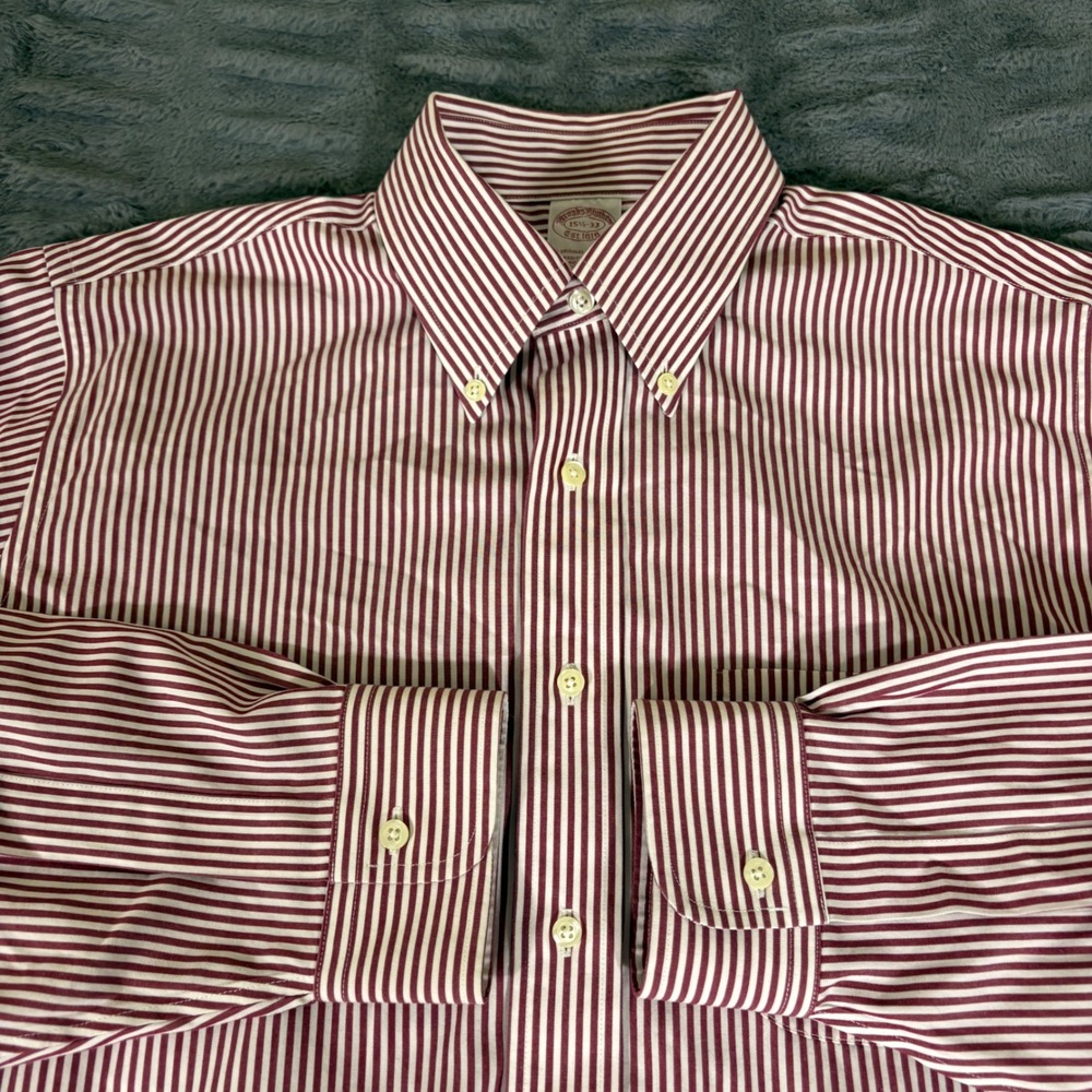 Brooks Brothers Mens 15.5 33 Traditional Fit Non-Iron Striped Dress Shirt Red